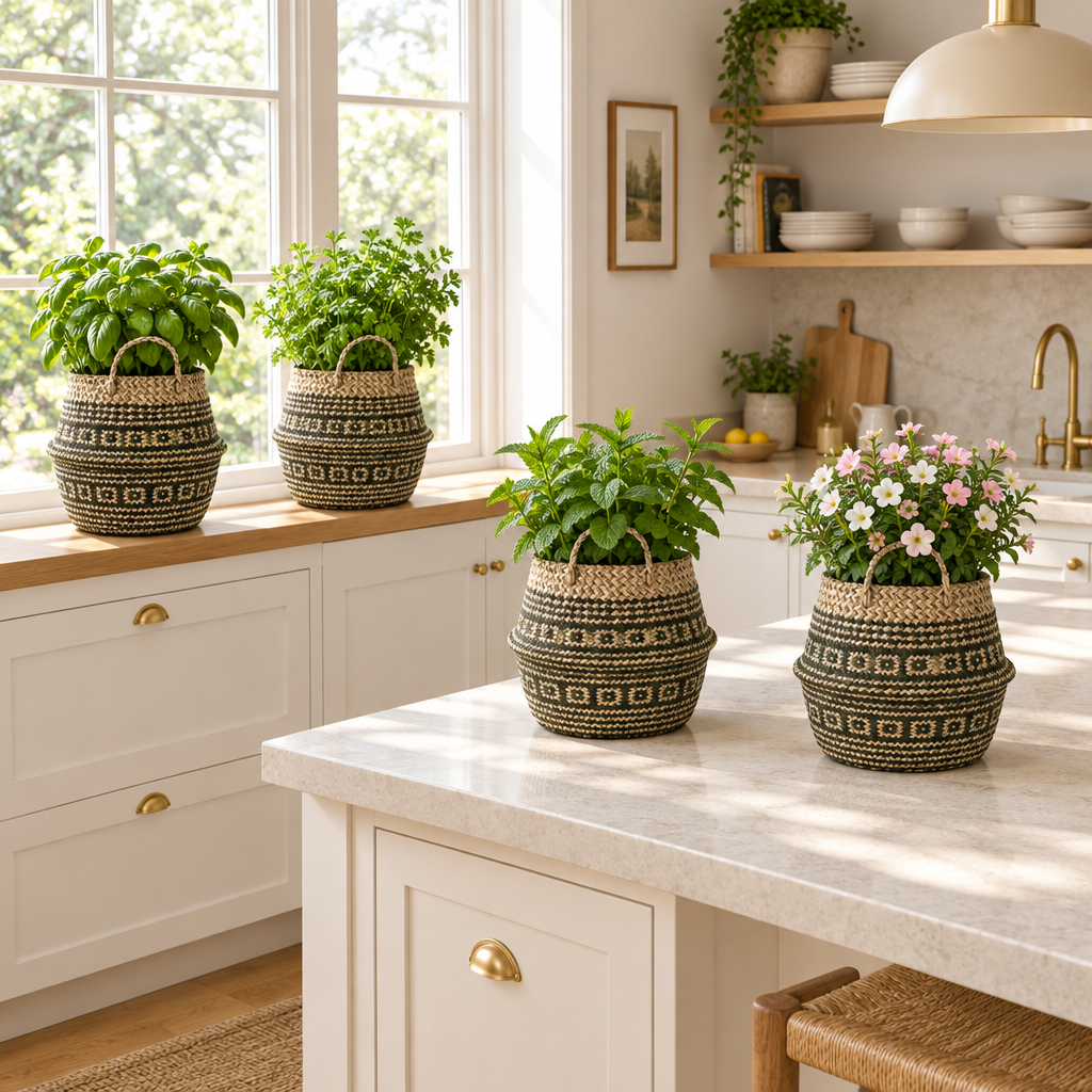 Cuisine moderne décorée de cache pots avec basilic, persil, menthe et fleurs
