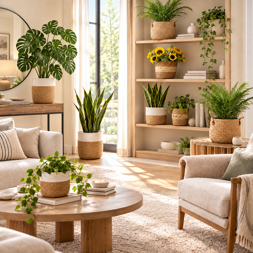 Décoration avec cache-pots clairs et plantes