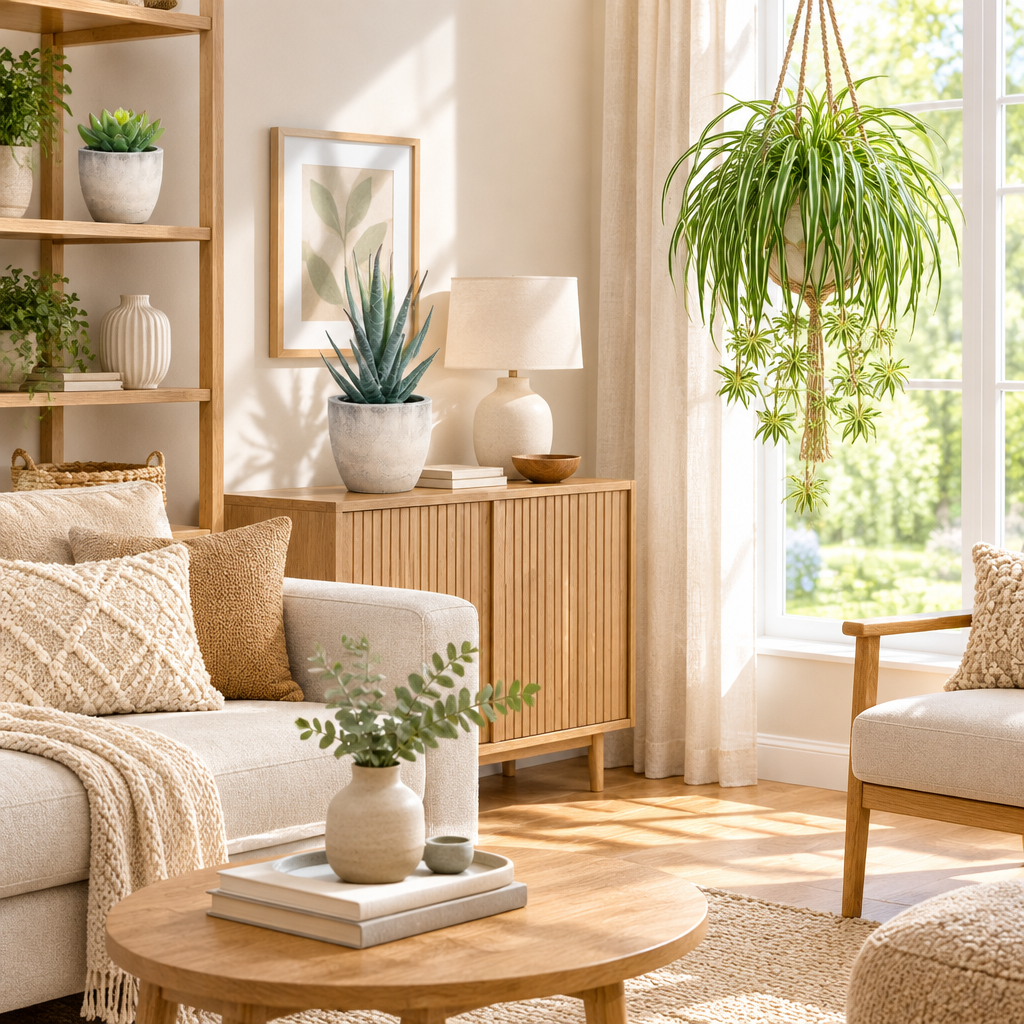 Décoration lumineuse avec trois plantes artificielles
