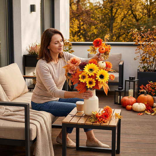 Dame arrangeant des fleurs dans un vase sur une terrasse moderne décorée pour l’automne