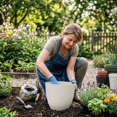 dans le jardin une femme met la terre dans le Pot de fleur 