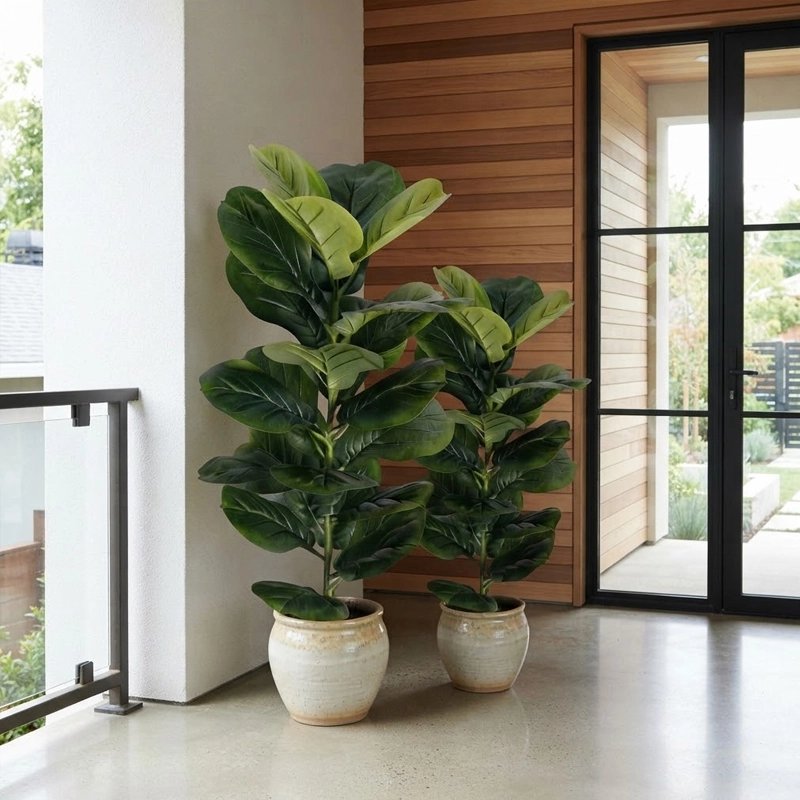 Deux magnifiques figuiers lyre artificiels apportent une touche de verdure moderne et élégante à l'entrée de la maison 