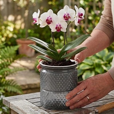 deux mains met le Pot de fleur auto-arrosant sur la table de jardin avec un orchidées 