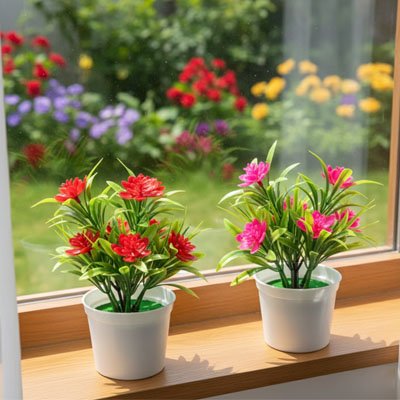 deux Plante artificielle fleur sur le rebord de la fenêtre