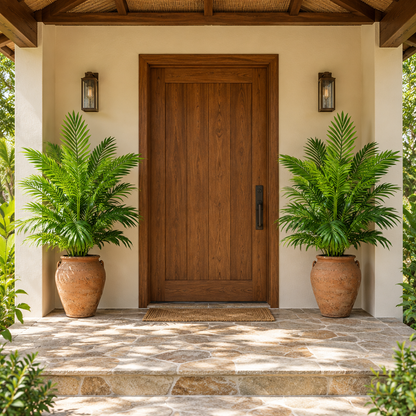 Deux plantes en pots de terre cuite encadrant une porte d’entrée extérieure