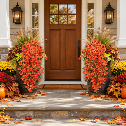 Deux pots de fleurs orangées décorant une entrée de maison en automne