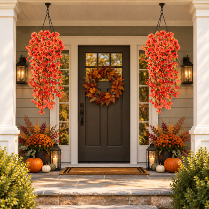 Deux pots de fleurs suspendus devant une entrée décorée pour l’automne