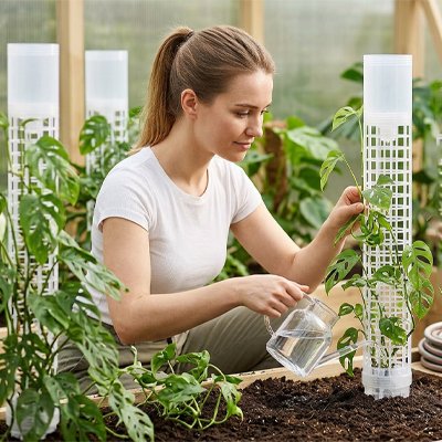 elle met son Tuteur plante pour tenir sa plante