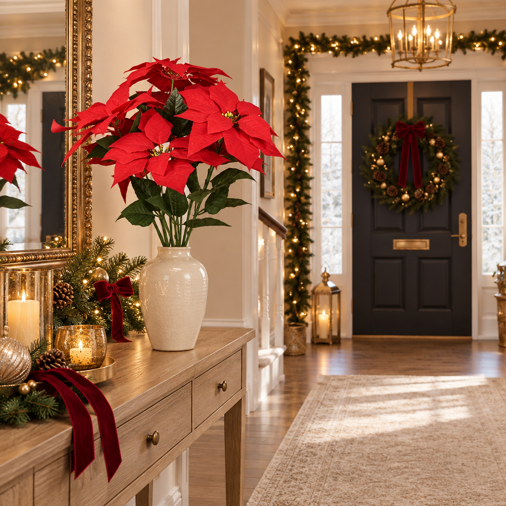 Entrée de maison élégante décorée pour Noël avec le bouquet de fleur  poinsettias  rouge