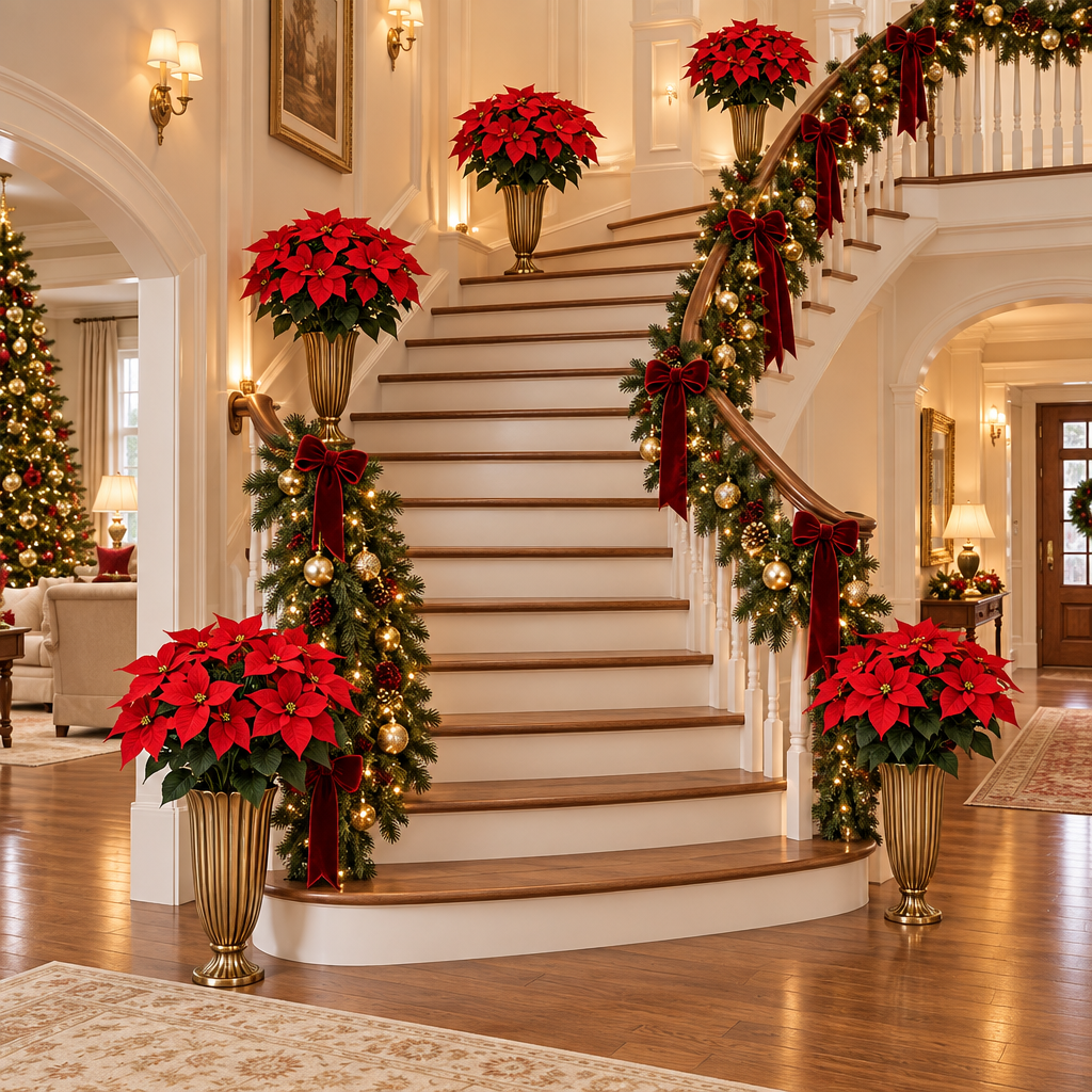Escalier décoré pour Noël avec les bouquets de fleurs poinsettias rouges
