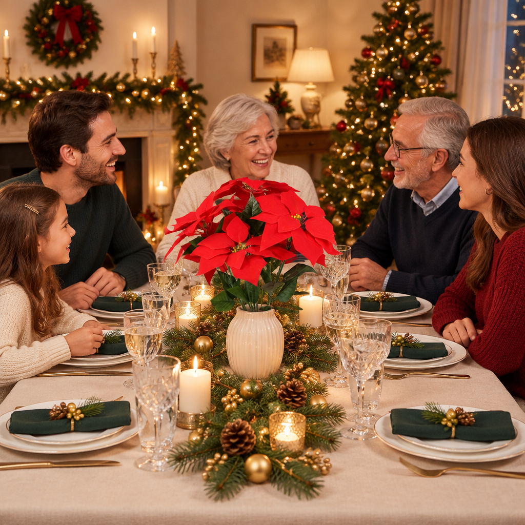 Famille à table pour Noël avec le bouquet fleur poinsettias rouge