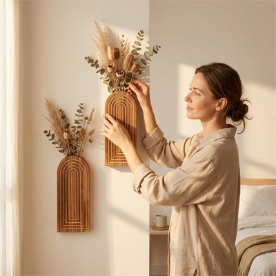 une femme accroche deux Vase mural sur le mure de sa chambre  