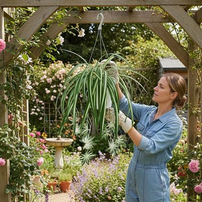 une femme accroche une Plante artificielle tombante dehors.