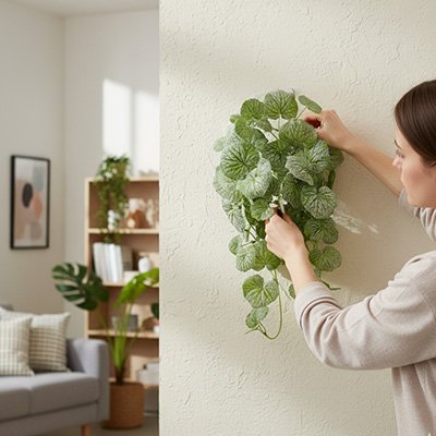 une femme accroche des Plante artificielle tombante sur le mure.