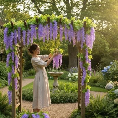 une femme accroche Plante artificielle tombante 