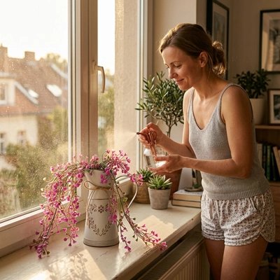 une femme arosse des fleurs dans un Vases en forme de Pichet