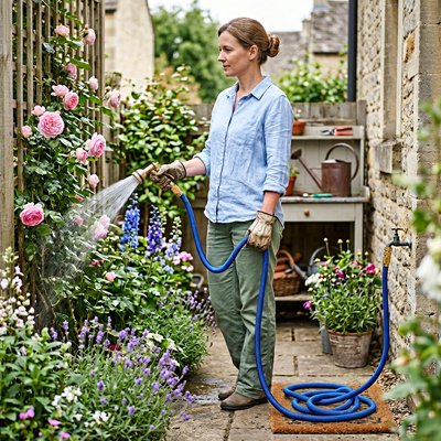 une femme qui arrose ses fleurs avec Tuyau d'arrosage extensible