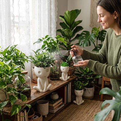 une femme arrose des plant dans un  Pot de fleur 