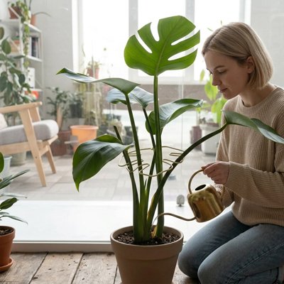 une femme arrose sa plante avec un Support plante grimpante en forme feuille de monstre