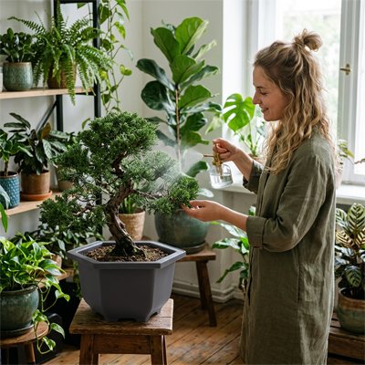 une femme arrose sa plante dans le Pot bonsai 