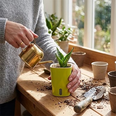 une femme arrose sa plante dans le Pot de fleur d'arrosage automatique 
