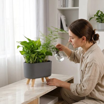 une femme arrose les plante plante dans le Pot de fleurs 