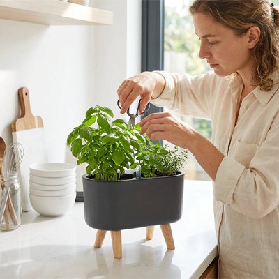 une femme coupe du basilic plante dans le Pot de fleurs 