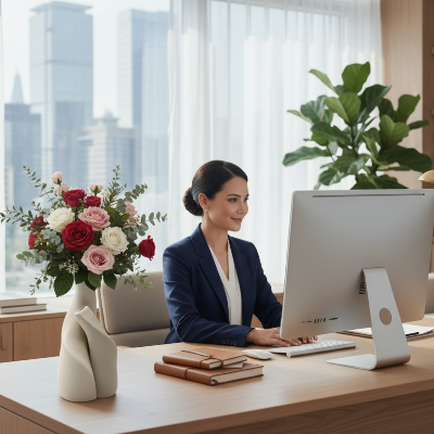 Femme dans un bureau élégant avec le vase