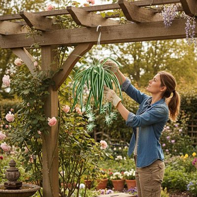 une femme décor l'extérieur avec des Plante artificielle tombante