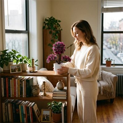 Une femme décore sa bibliothèque avec une Plantes artificielles en forme d’arbre 