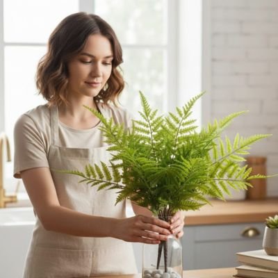 une femme décore sa cuisine avec des Plante artificielle 