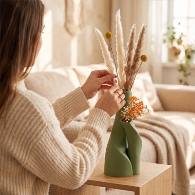 une femme qui décore son salon avec un Vase Double