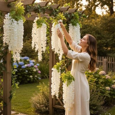 une femme décore son jardin avec des Plante artificielle tombante 
