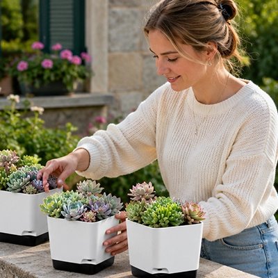 une femme decore son jardin avec des Pot de fleur auto-arrosage 