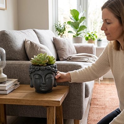 une femme decore son salon avec un Pot de fleur en Format Buddha 