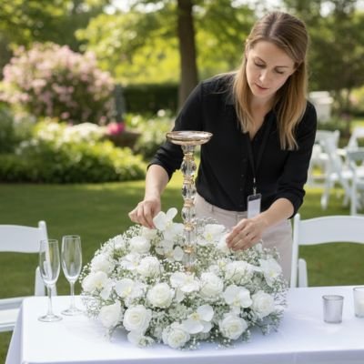 une femme décore une tables avec Plante artificielle extérieur 
