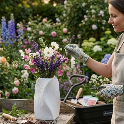 une femme décore son Vase avec des fleur de son jardin 
