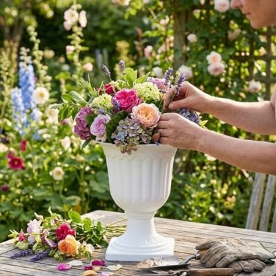 une femme décore son vase avec des fleur du jardin