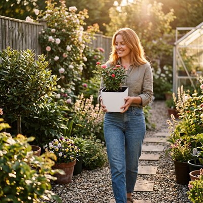 une femme se déplace avec un Pot de fleurs dans sa main