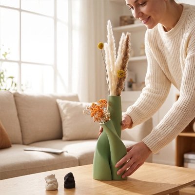 une femme dépose son Vase Double dans le salon