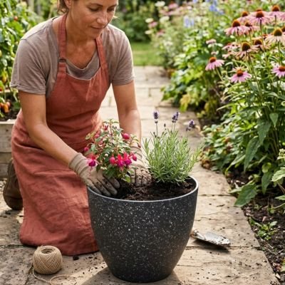 une femme entretien les plante qui son dans Pot de fleur 