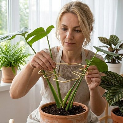 une femme installe Support plante grimpante en forme de feuille de monstre sur une plante.