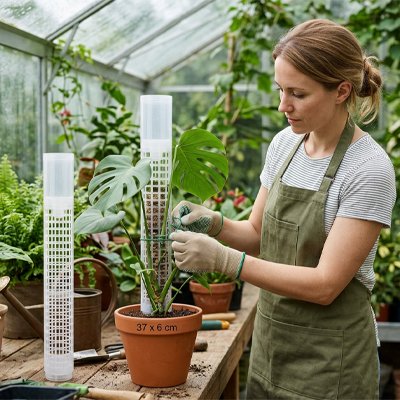 une femme installe son Tuteur plante sur sa plante