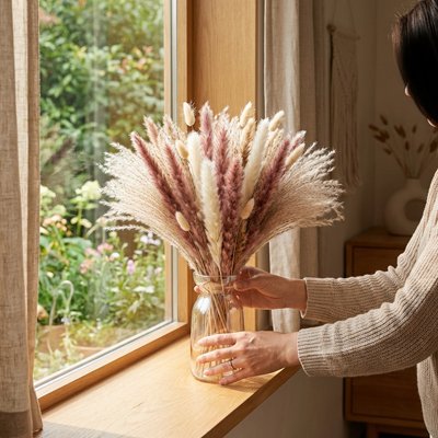 une femme qui met Bouquet de fleurs artificielles au bord de la fenêtre
