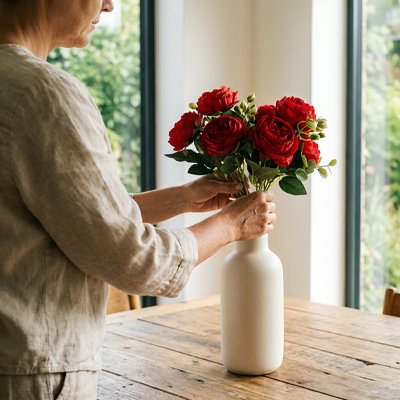 une femme met un Bouquet de fleurs artificielles rose rouge dans un vase sur la table à mange
