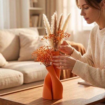 une femme qui met ses fleur dans un Vase Double