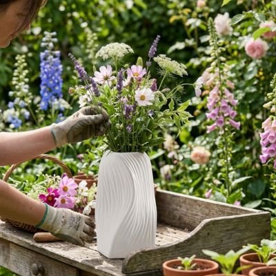 une femme met des fleur dans le Vase