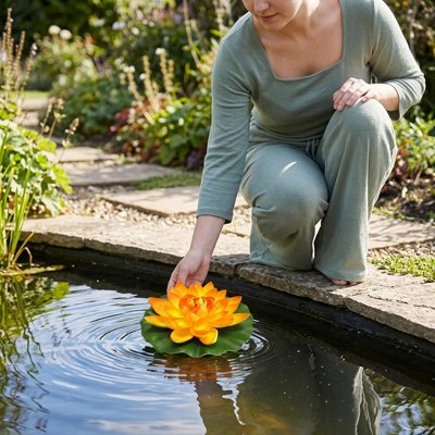 une femme met la Fleurs artificielles de  nénuphar dans un  étang 