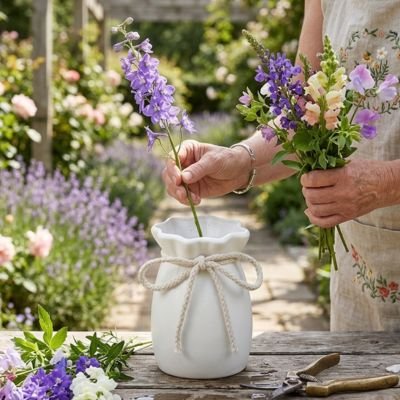 une femme qui met des fleurs dans le Vase à Design avec nœud,