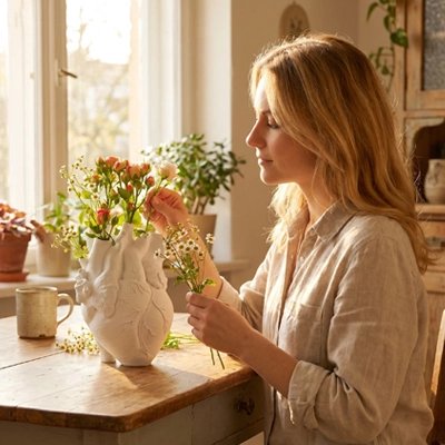 une femme qui met des fleurs dans le Vase en forme de coeur